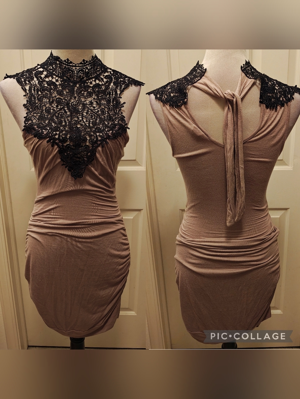 Y2K Body Central Taupe Ruched Stretch Bodycon Dress w Black Lace High Neck & Tie